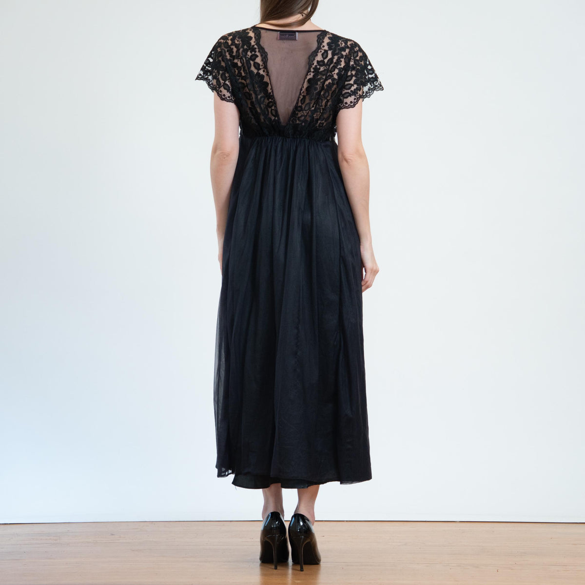 Vintage 70s Black Lace Maxi Peignoir Set - Medium | Donna Richards Negligee Nightgown Slip Dress & Robe