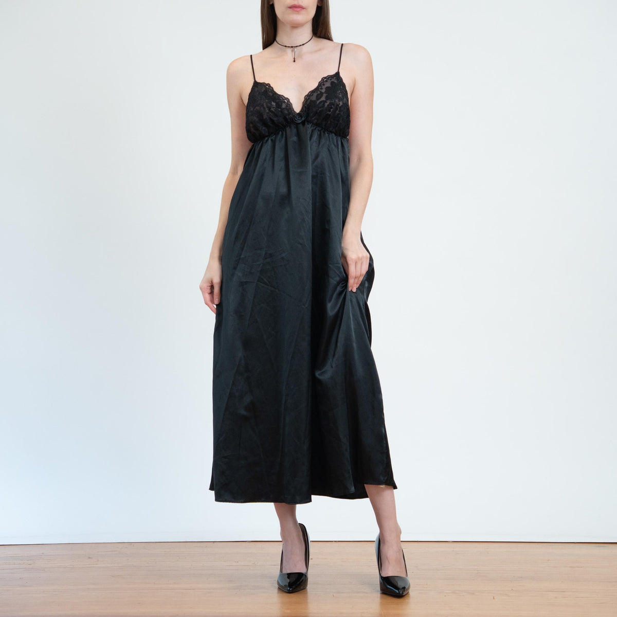 Vintage 70s Black Lace Maxi Peignoir Set - Medium | Donna Richards Negligee Nightgown Slip Dress & Robe
