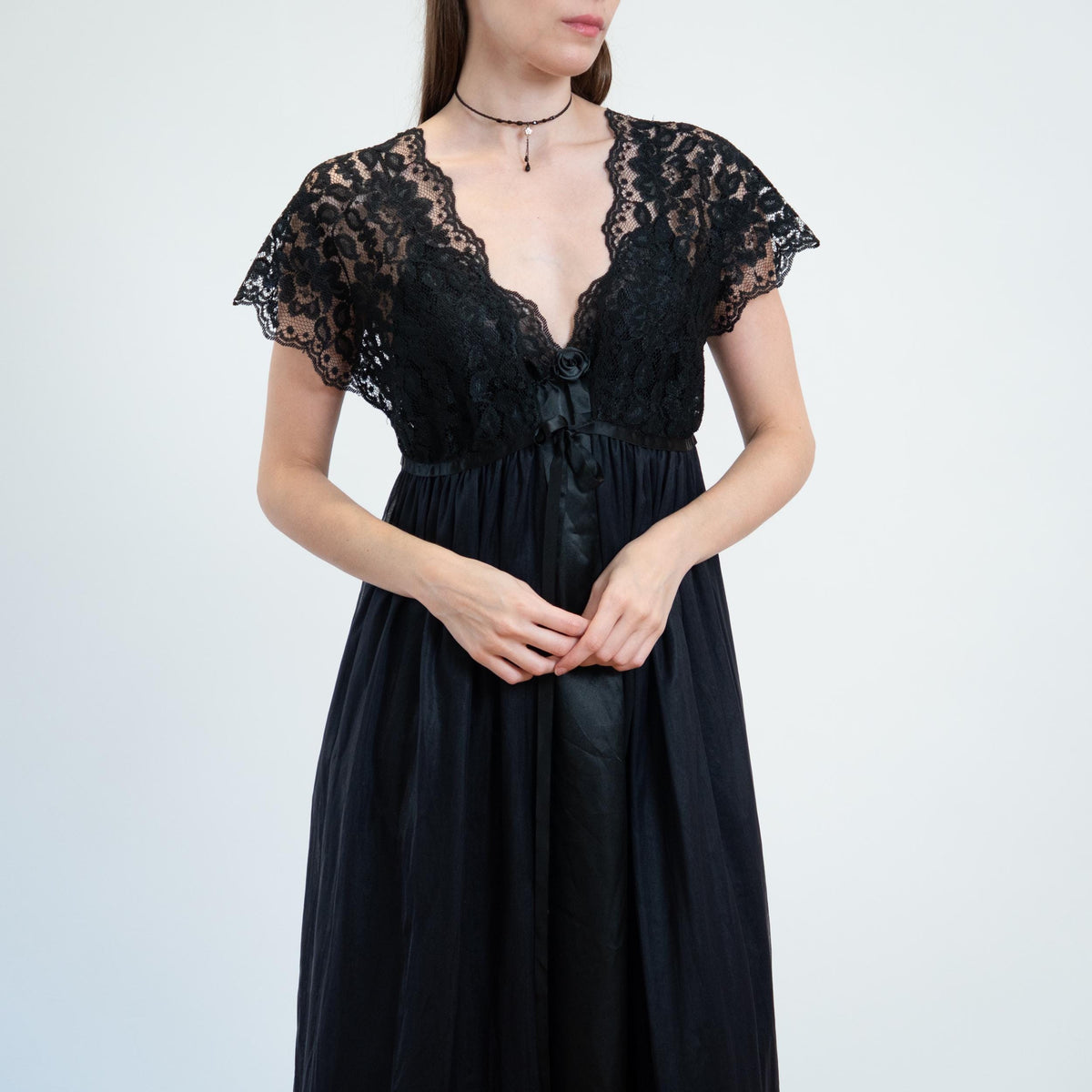 Vintage 70s Black Lace Maxi Peignoir Set - Medium | Donna Richards Negligee Nightgown Slip Dress & Robe