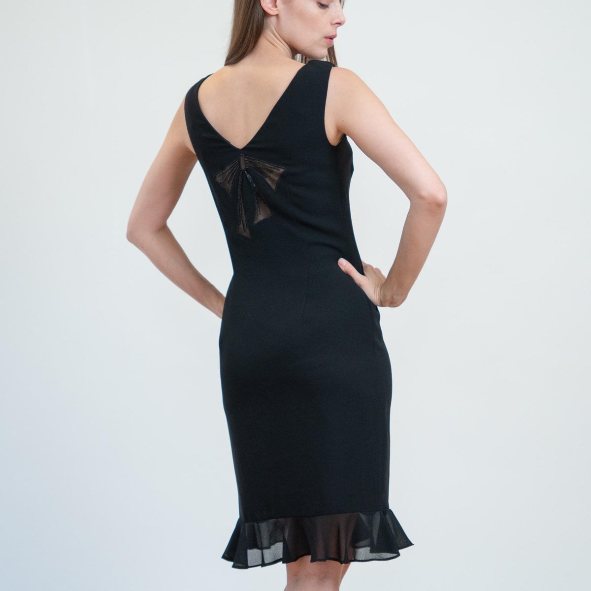 Vintage 90s Lace Sheer Illusion Bow Tie Dress - Small | Cowl Neck Mini Cocktail Party Dres