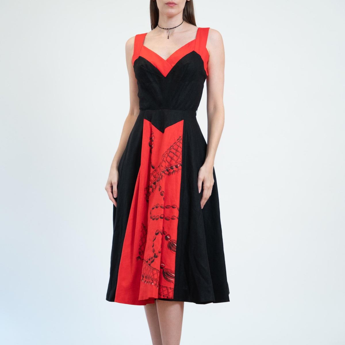 Vintage 50s Red & Black Bow Tie Bombshell Swing Dress - Extra Small | 1950s Pinup Fit Flare Midi Dress