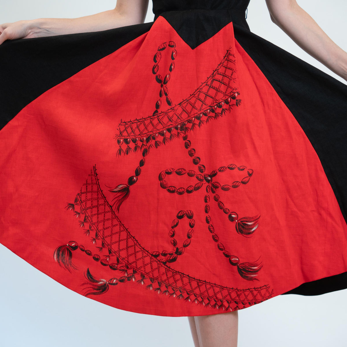 Vintage 50s Red & Black Bow Tie Bombshell Swing Dress - Extra Small | 1950s Pinup Fit Flare Midi Dress