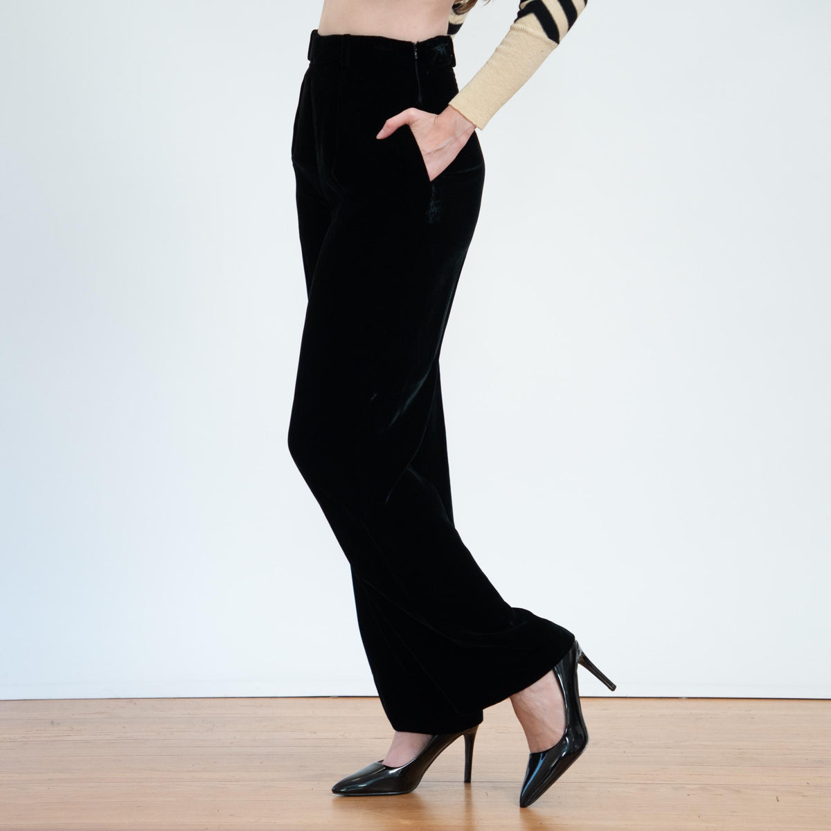 Vintage 90s Black Velvet Straight Leg Trousers - Small, 26" Waist | Minimalist High Waisted Pants
