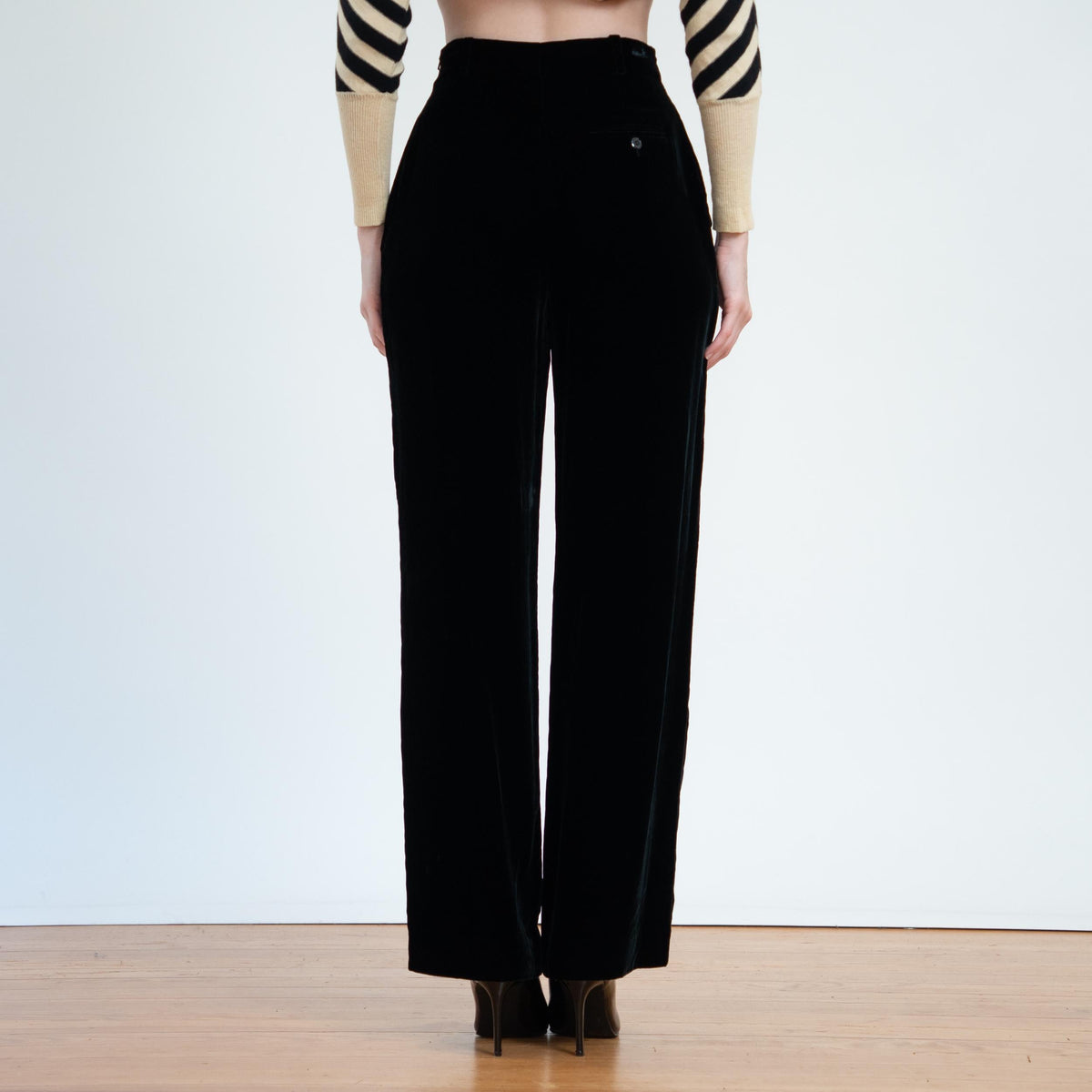 Vintage 90s Black Velvet Straight Leg Trousers - Small, 26" Waist | Minimalist High Waisted Pants