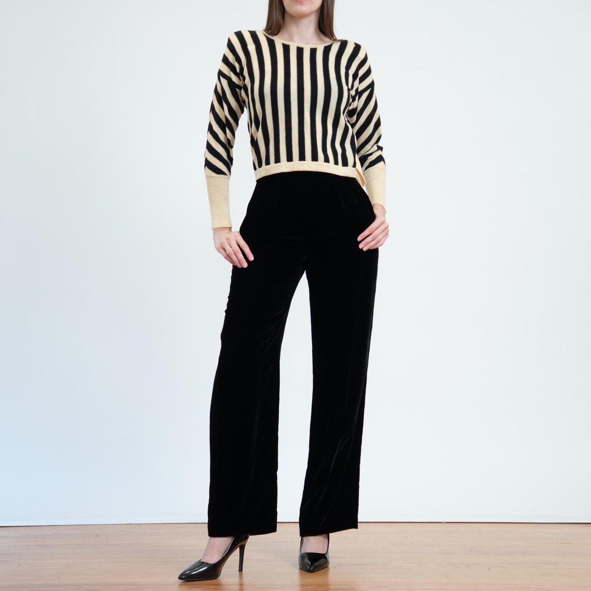 Vintage 90s Black Velvet Straight Leg Trousers - Small, 26" Waist | Minimalist High Waisted Pants