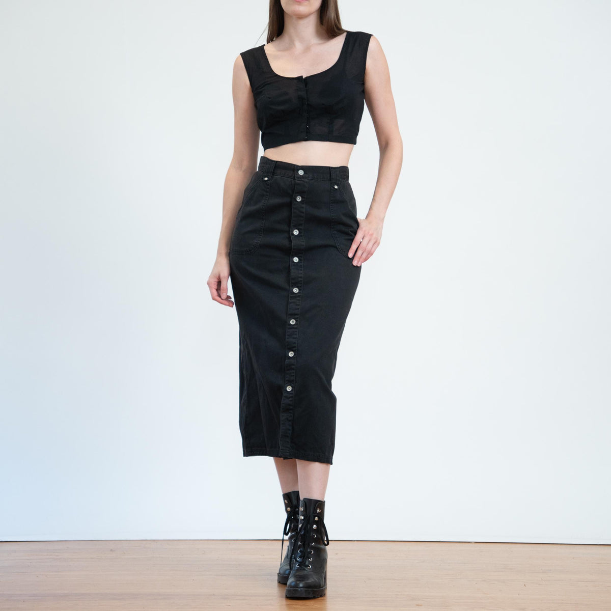 Vintage 90s Black Button Front Midi Skirt - Small, 26" Waist | High Waisted Cotton Twill Long Straight Skirt
