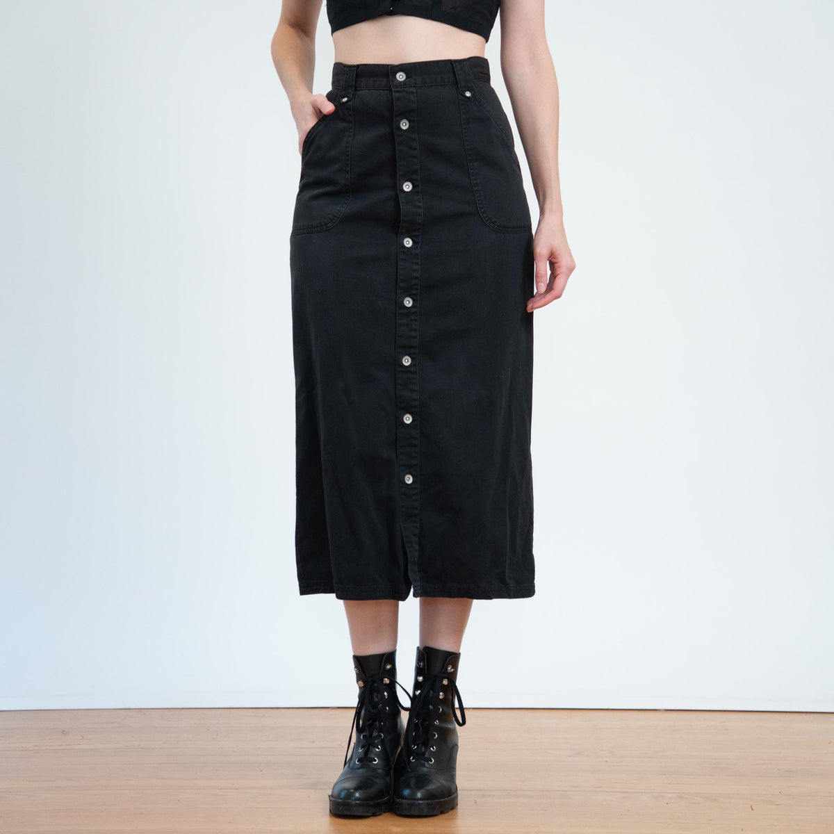 Vintage 90s Black Button Front Midi Skirt - Small, 26" Waist | High Waisted Cotton Twill Long Straight Skirt