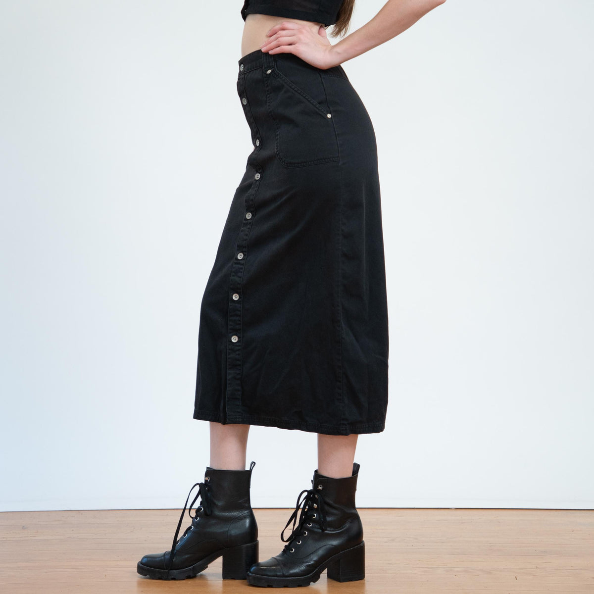 Vintage 90s Black Button Front Midi Skirt - Small, 26" Waist | High Waisted Cotton Twill Long Straight Skirt