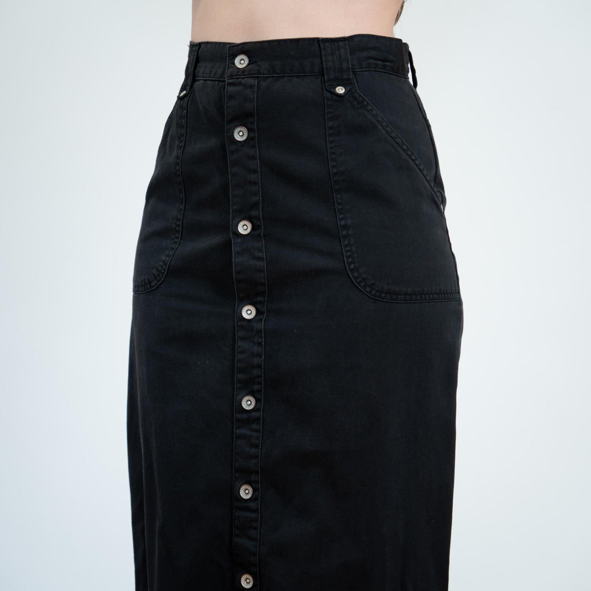 Vintage 90s Black Button Front Midi Skirt - Small, 26" Waist | High Waisted Cotton Twill Long Straight Skirt