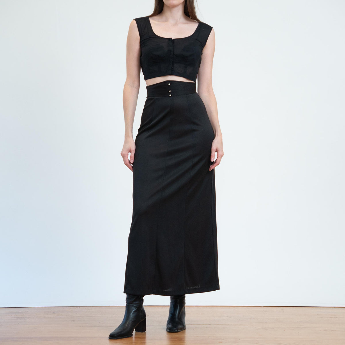 Vintage 70s Black Jeweled Button Maxi Skirt - XS to Small | Super High Waisted Long Skirt