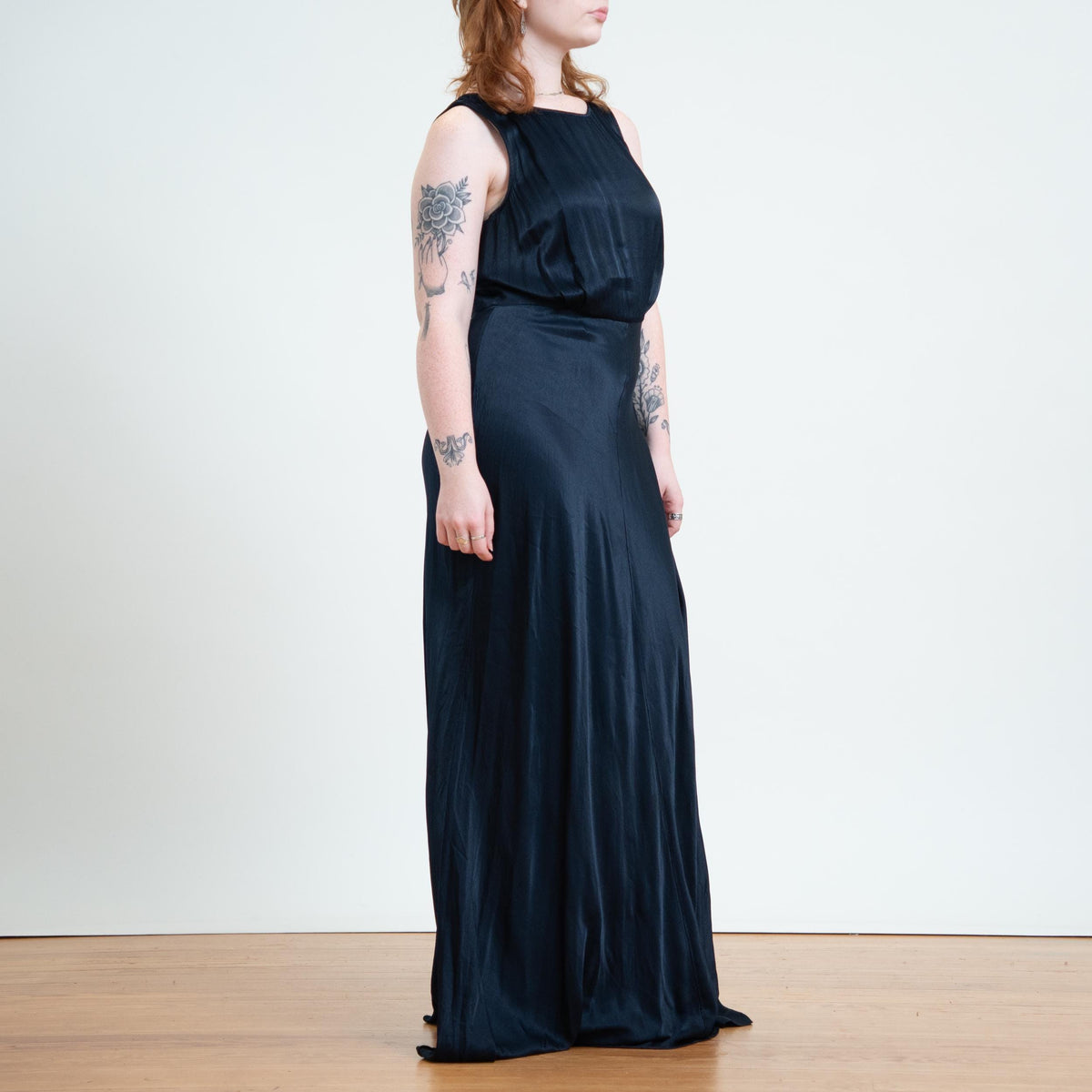 Vintage Y2K Midnight Blue Satin Bias Cut Gown - Large Tall | Sleeveless Formal Maxi Dress