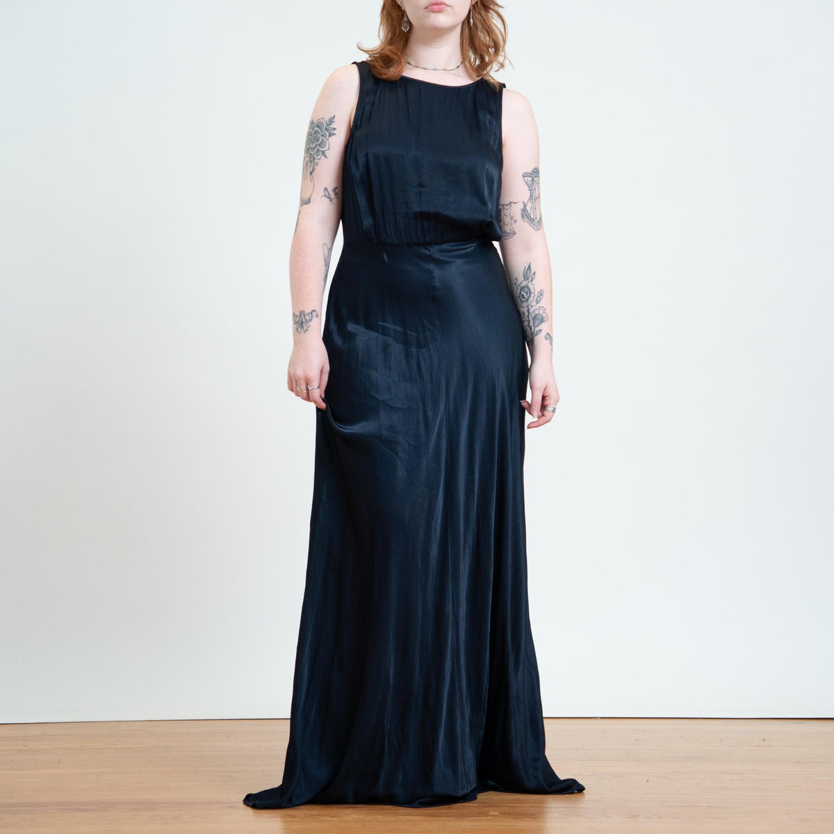 Vintage Y2K Midnight Blue Satin Bias Cut Gown - Large Tall | Sleeveless Formal Maxi Dress