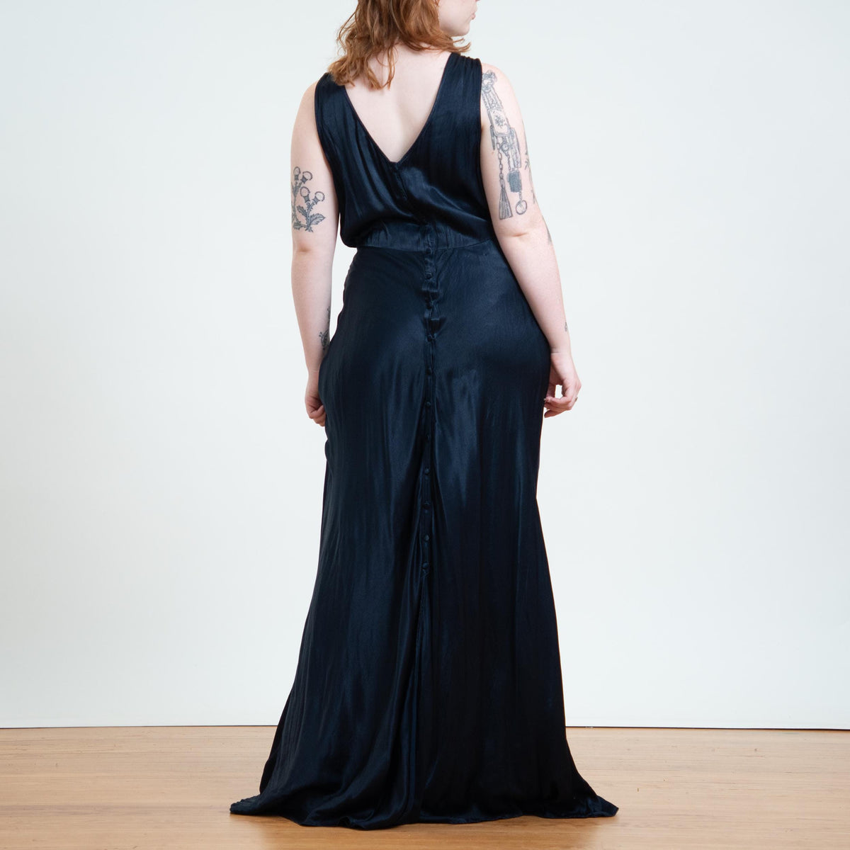 Vintage Y2K Midnight Blue Satin Bias Cut Gown - Large Tall | Sleeveless Formal Maxi Dress