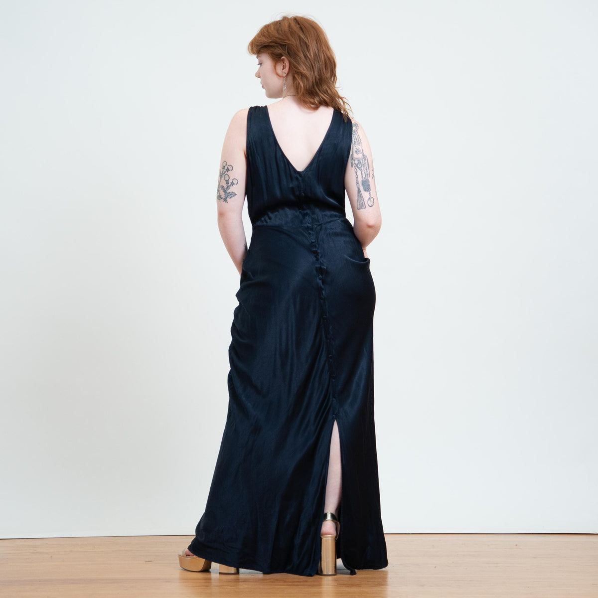 Vintage Y2K Midnight Blue Satin Bias Cut Gown - Large Tall | Sleeveless Formal Maxi Dress