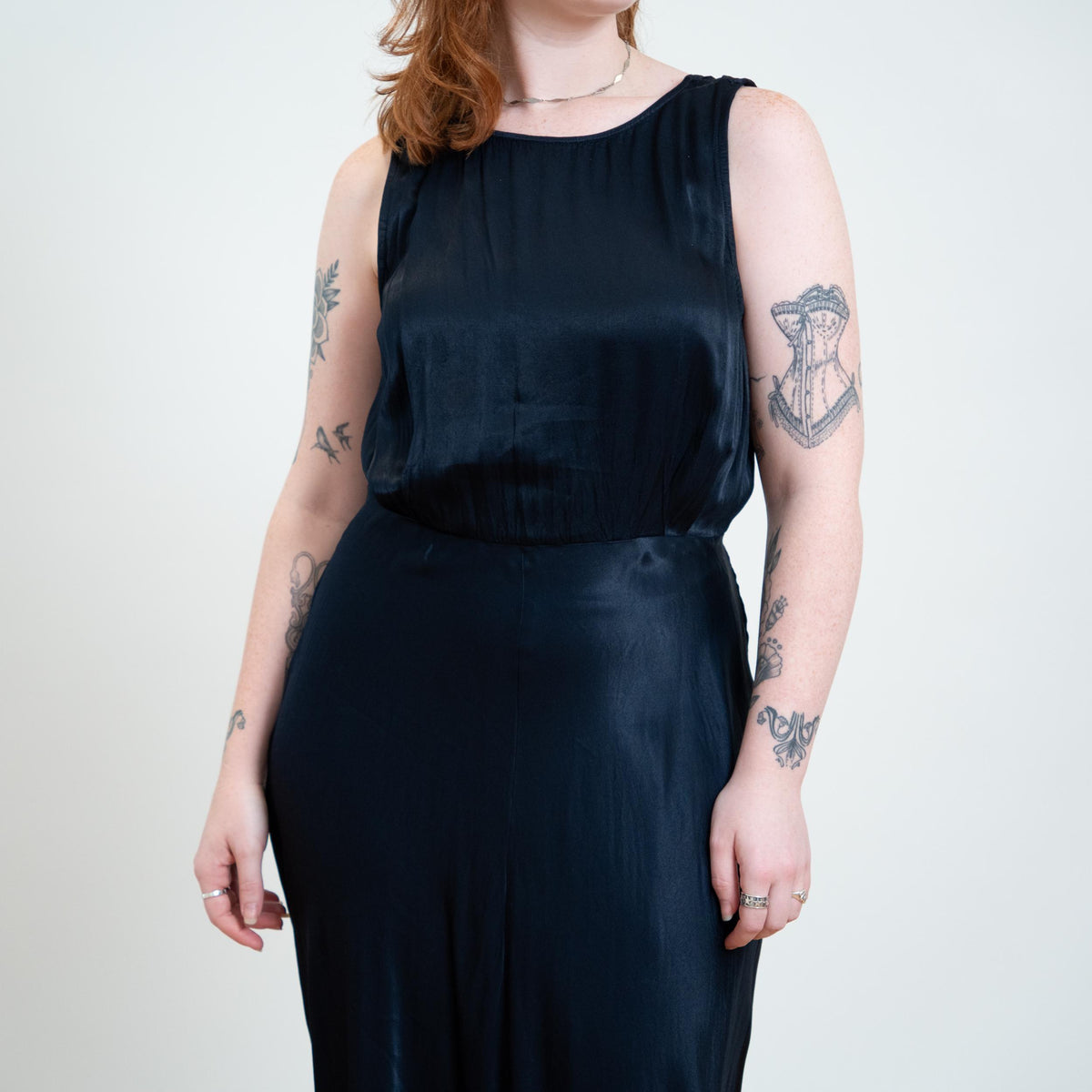 Vintage Y2K Midnight Blue Satin Bias Cut Gown - Large Tall | Sleeveless Formal Maxi Dress