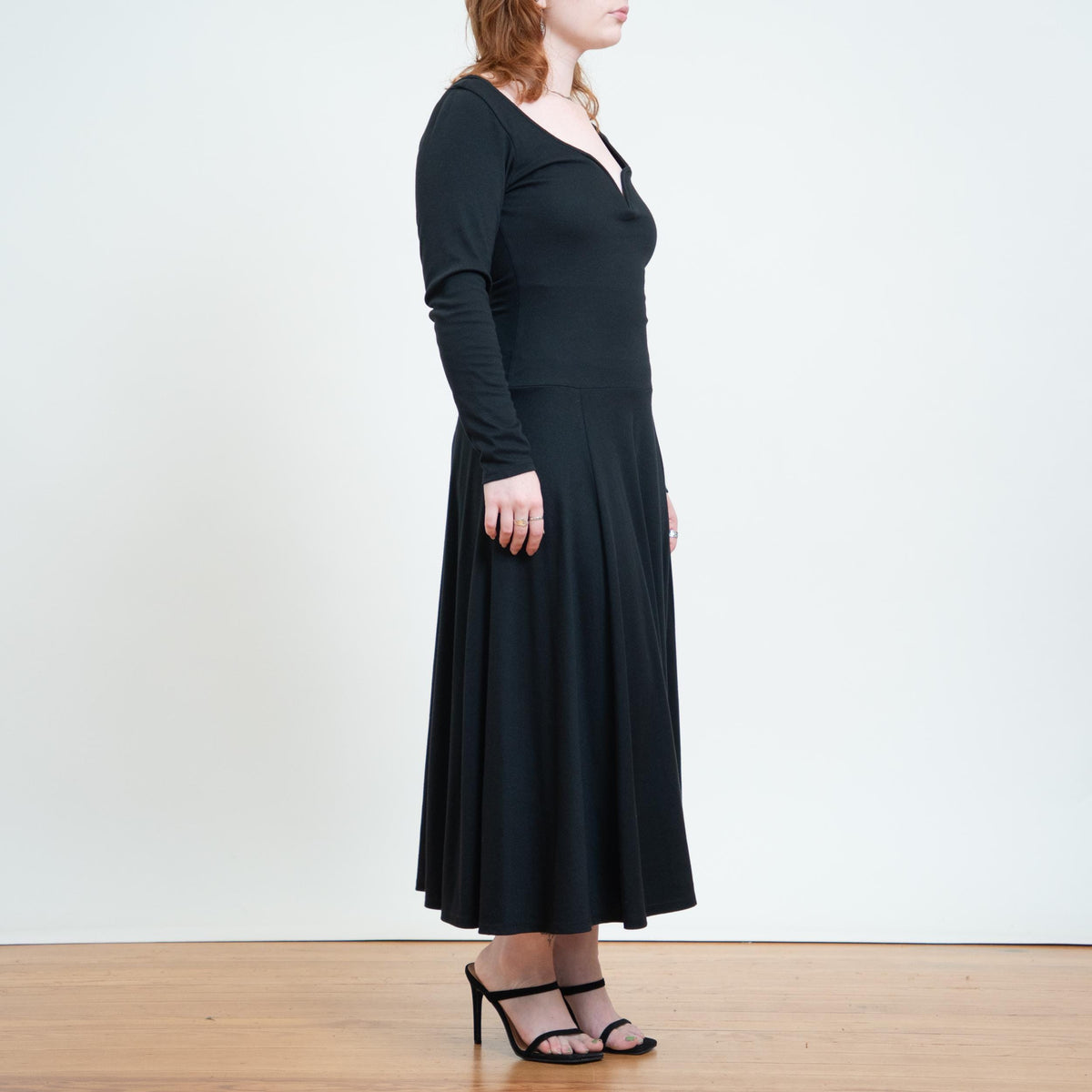 Vintage 90s Black Vampira Sweetheart Neck Maxi Dress - Medium | Gothic Long Sleeve Fit & Flare Dress