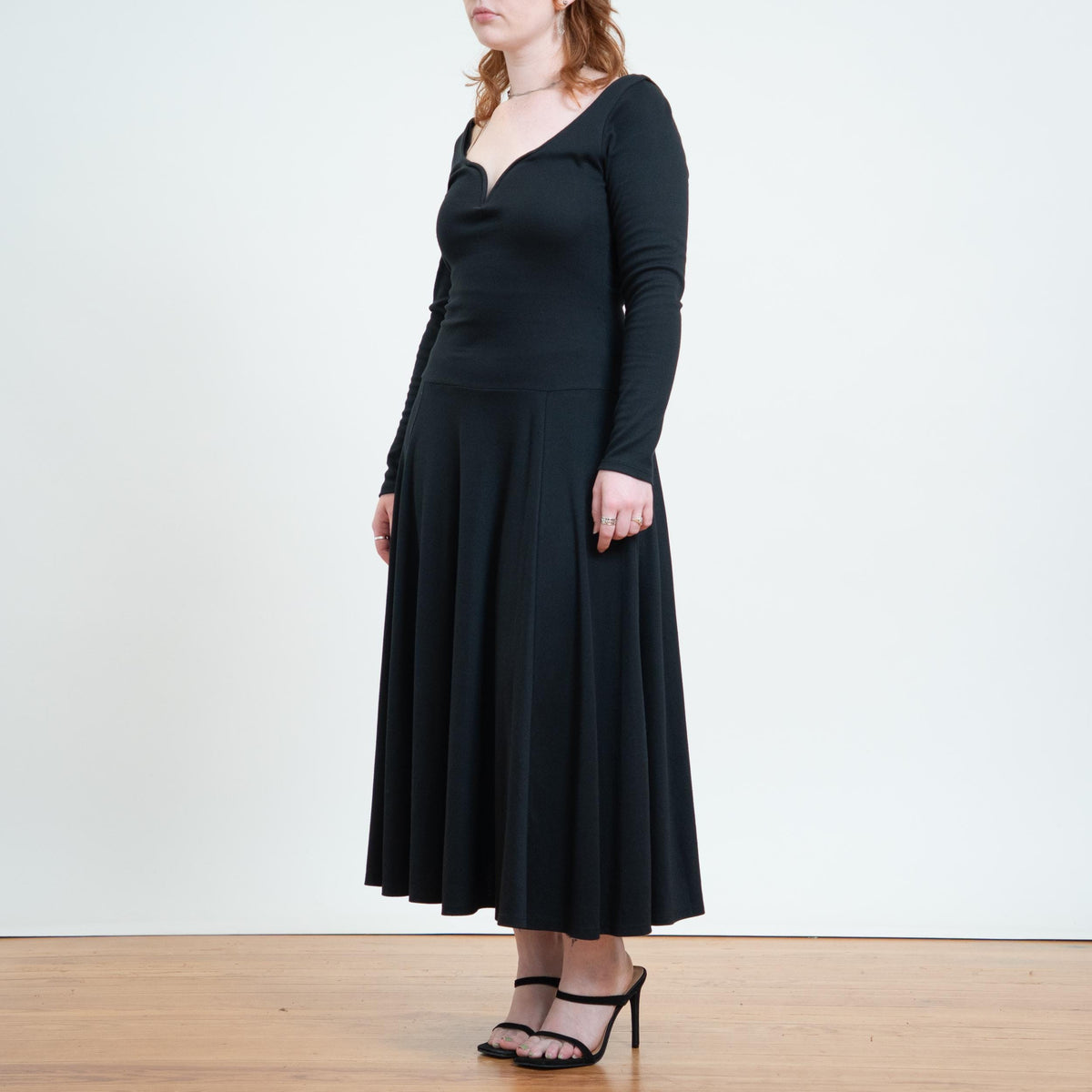 Vintage 90s Black Vampira Sweetheart Neck Maxi Dress - Medium | Gothic Long Sleeve Fit & Flare Dress