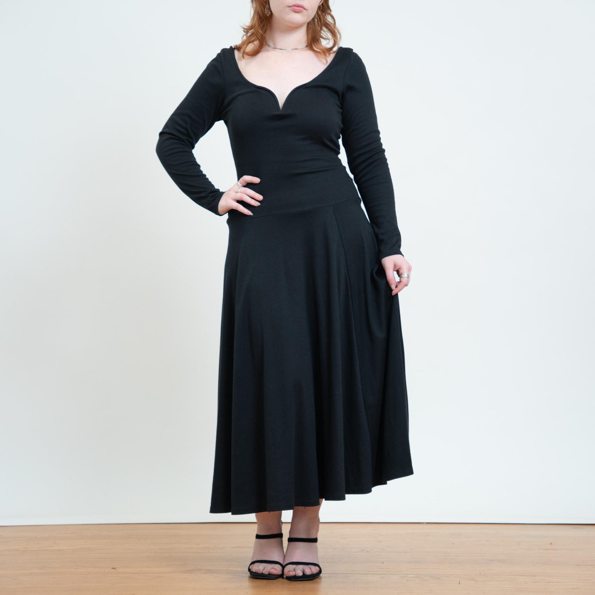Vintage 90s Black Vampira Sweetheart Neck Maxi Dress - Medium | Gothic Long Sleeve Fit & Flare Dress