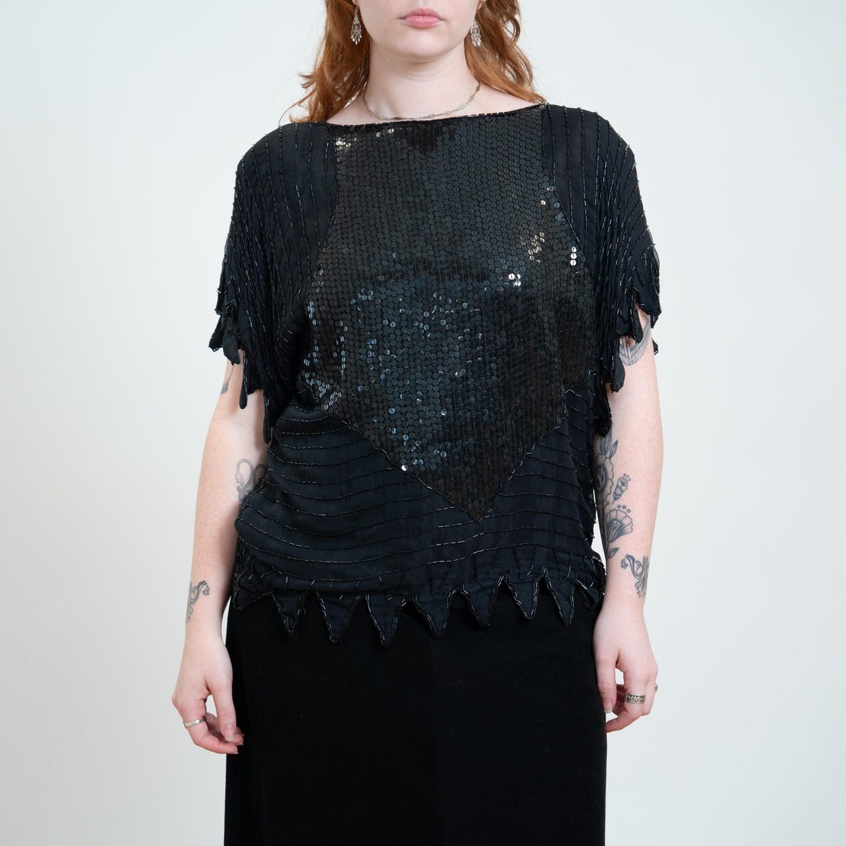 Vintage 80s Black Beaded Deco Top - Extra Large | Witchy Sequin Scarf Hem Fairy Goth Blouse