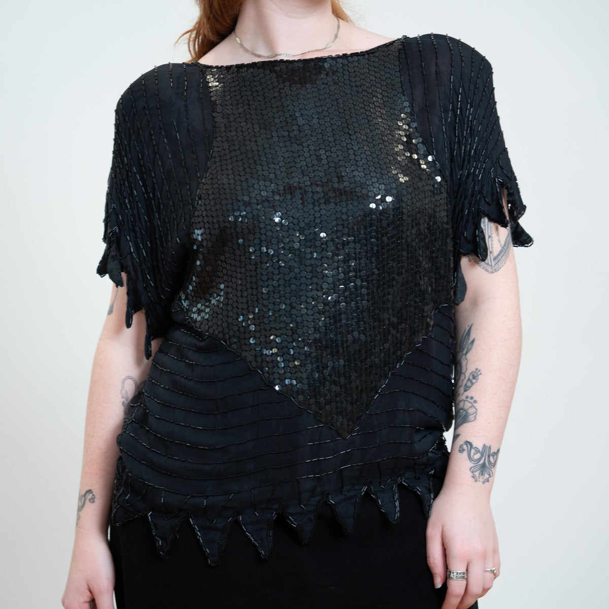 Vintage 80s Black Beaded Deco Top - Extra Large | Witchy Sequin Scarf Hem Fairy Goth Blouse