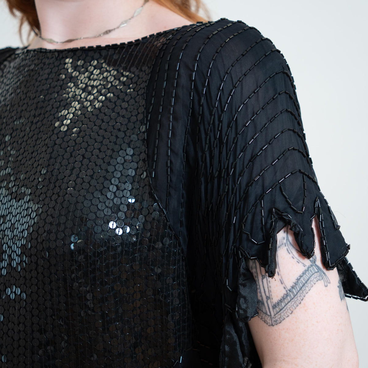 Vintage 80s Black Beaded Deco Top - Extra Large | Witchy Sequin Scarf Hem Fairy Goth Blouse