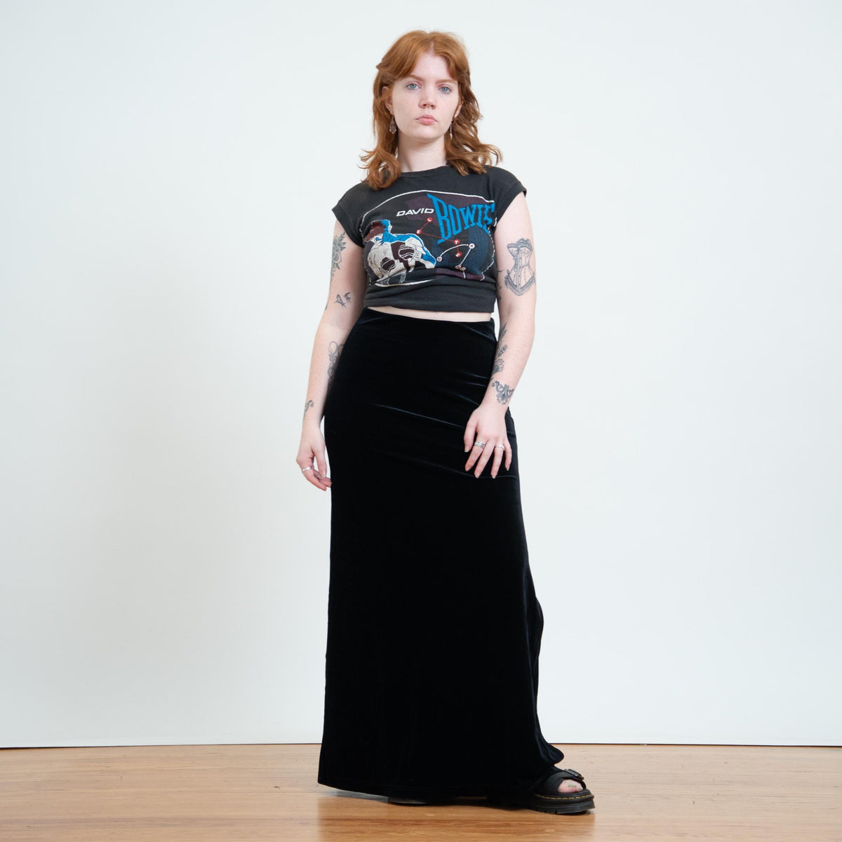 Vintage 90s Black Velvet Thigh Slit Maxi Skirt - Large | Goth High Waisted Long Slinky Skirt
