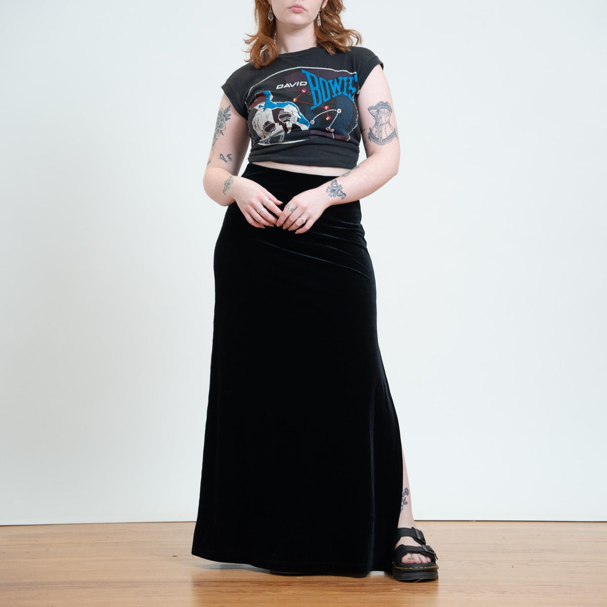 Vintage 90s Black Velvet Thigh Slit Maxi Skirt - Large | Goth High Waisted Long Slinky Skirt