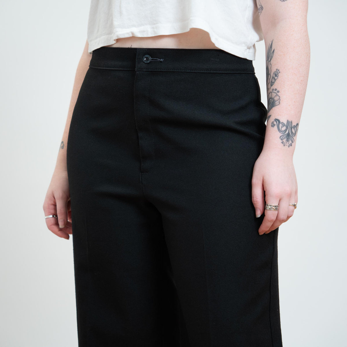 Vintage 70s Levi's Black High Waisted Trousers - Large, 31" Waist | Minimalist Flat Front Bootcut Polyester Pants