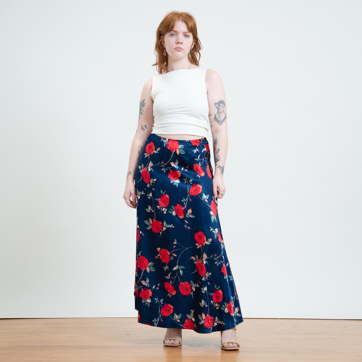 Vintage 90s Midnight Blue Satin Rose Floral Maxi Skirt - Medium to Large | High Waisted Slip Skirt