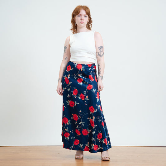 Vintage 90s Midnight Blue Satin Rose Floral Maxi Skirt - Medium to Large | High Waisted Slip Skirt
