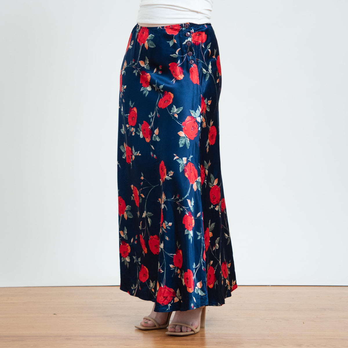 Vintage 90s Midnight Blue Satin Rose Floral Maxi Skirt - Medium to Large | High Waisted Slip Skirt