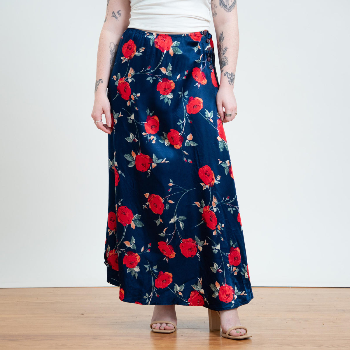 Vintage 90s Midnight Blue Satin Rose Floral Maxi Skirt - Medium to Large | High Waisted Slip Skirt