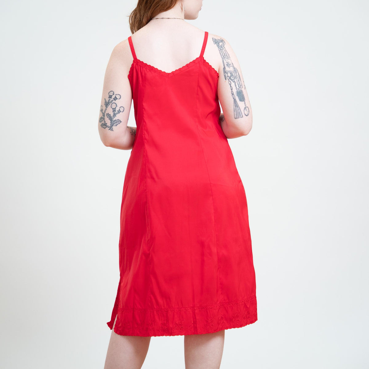 Vintage 50s Cherry Red Embroidered Floral Midi Slip - Large | 1950s American Maid Retro Lingerie Dress