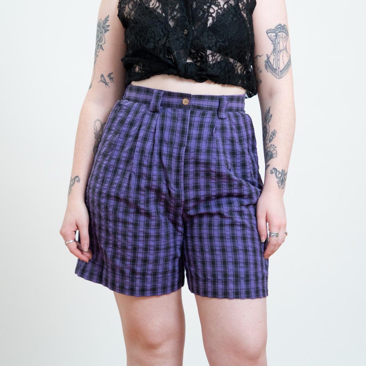 Vintage 90s Purple Plaid Trouser Shorts - Large | Pleated High Waisted Long Shorts