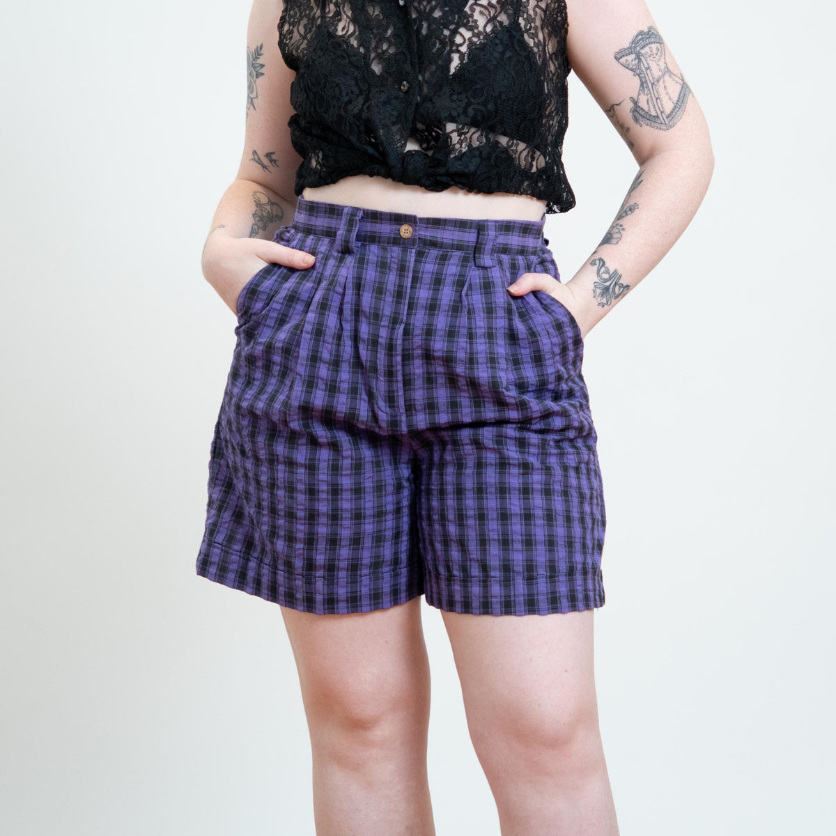 Vintage 90s Purple Plaid Trouser Shorts - Large | Pleated High Waisted Long Shorts