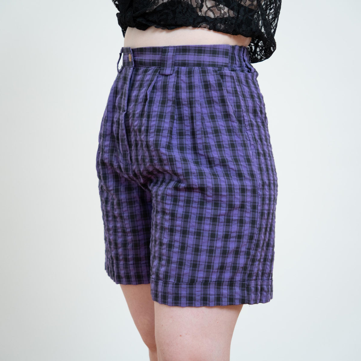 Vintage 90s Purple Plaid Trouser Shorts - Large | Pleated High Waisted Long Shorts