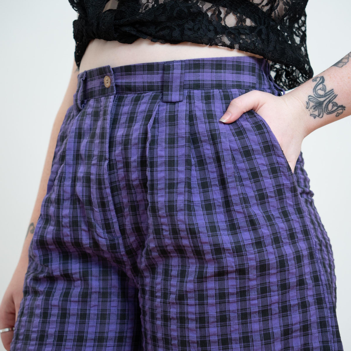 Vintage 90s Purple Plaid Trouser Shorts - Large | Pleated High Waisted Long Shorts