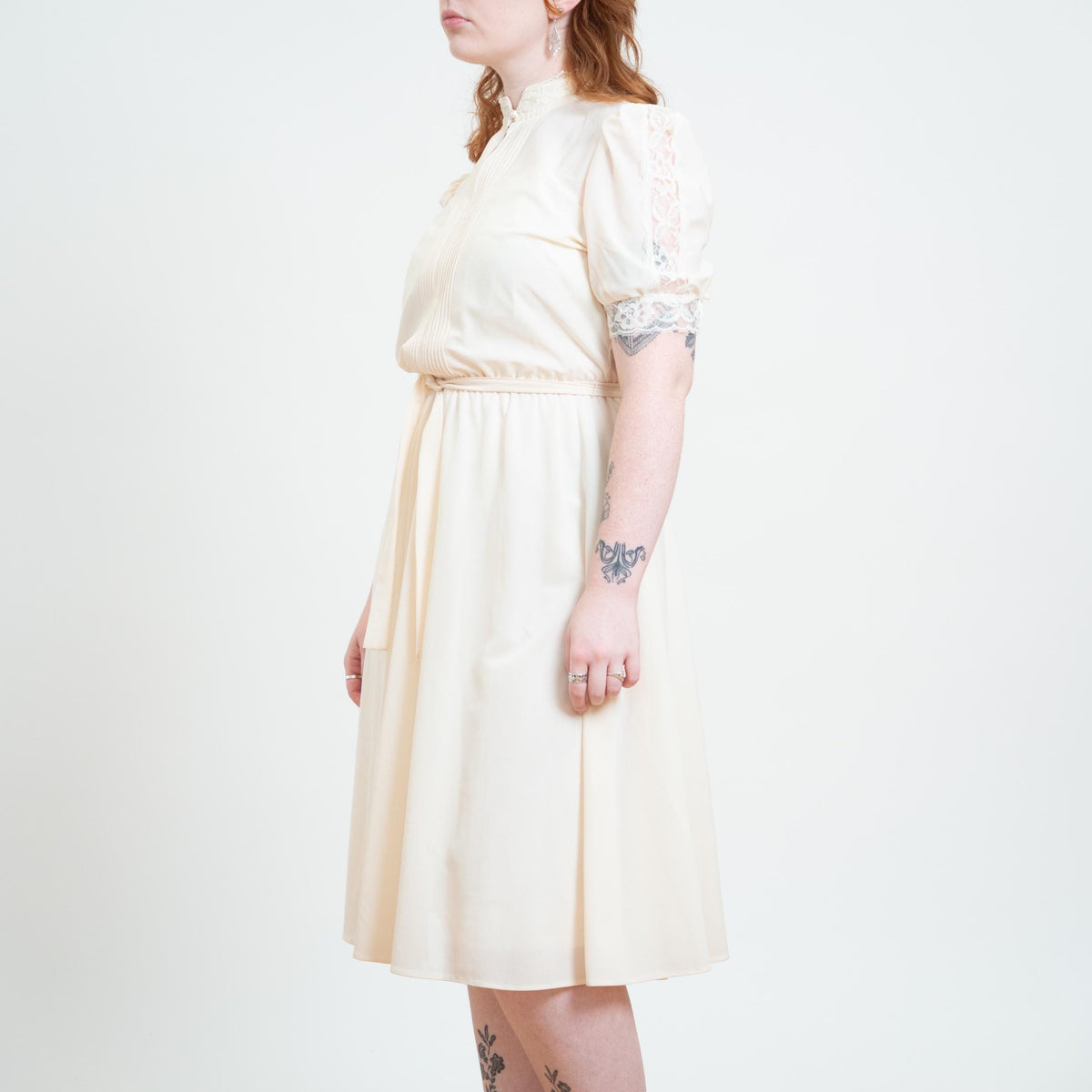 Vintage 70s Sheer Cream Lace Trim Dress - Large | Boho Cottagecore Puff Sleeve Midi Dress