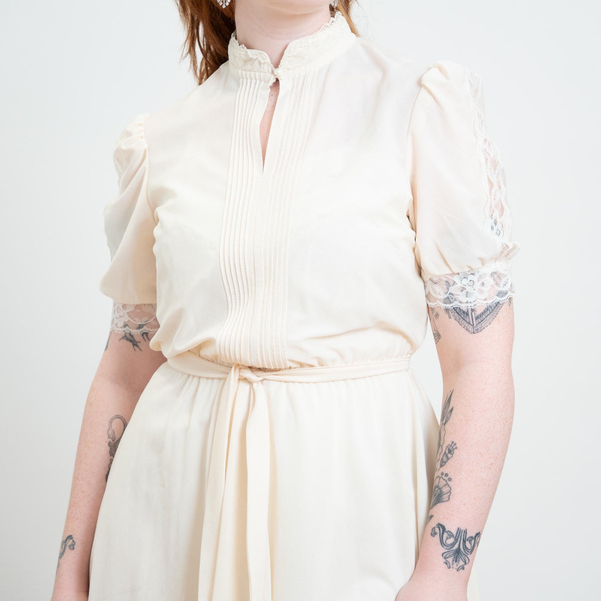 Vintage 70s Sheer Cream Lace Trim Dress - Large | Boho Cottagecore Puff Sleeve Midi Dress