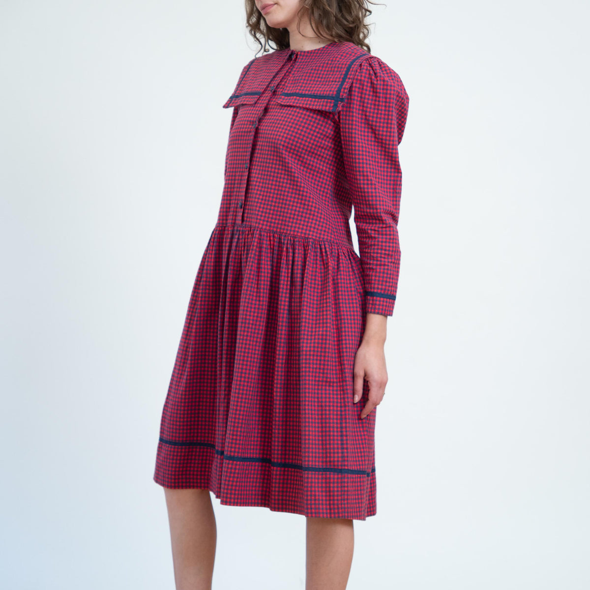 Vintage 80s Red & Blue Gingham Sailor Collar Dress - Small | Long Sleeve Fit Flare Midi Dress