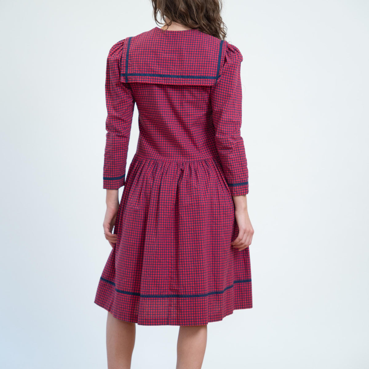 Vintage 80s Red & Blue Gingham Sailor Collar Dress - Small | Long Sleeve Fit Flare Midi Dress