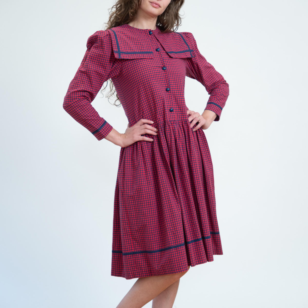 Vintage 80s Red & Blue Gingham Sailor Collar Dress - Small | Long Sleeve Fit Flare Midi Dress