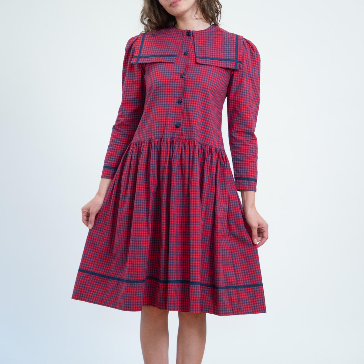 Vintage 80s Red & Blue Gingham Sailor Collar Dress - Small | Long Sleeve Fit Flare Midi Dress