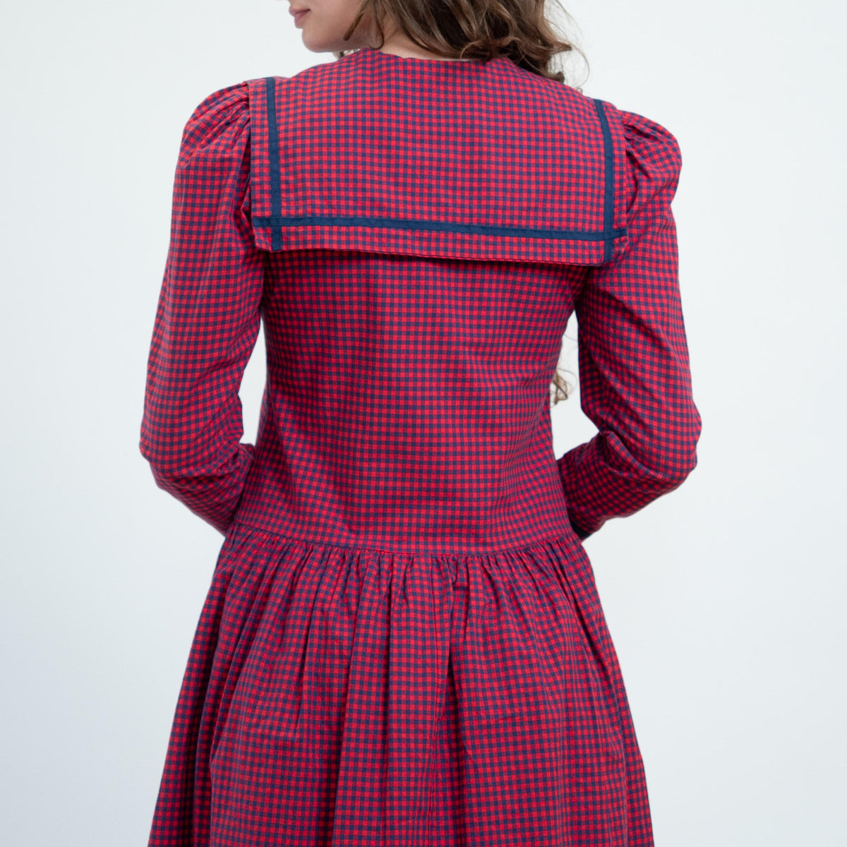 Vintage 80s Red & Blue Gingham Sailor Collar Dress - Small | Long Sleeve Fit Flare Midi Dress