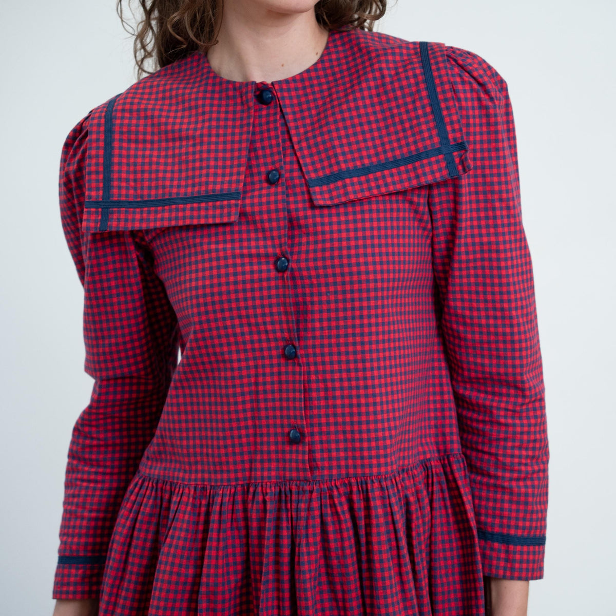 Vintage 80s Red & Blue Gingham Sailor Collar Dress - Small | Long Sleeve Fit Flare Midi Dress