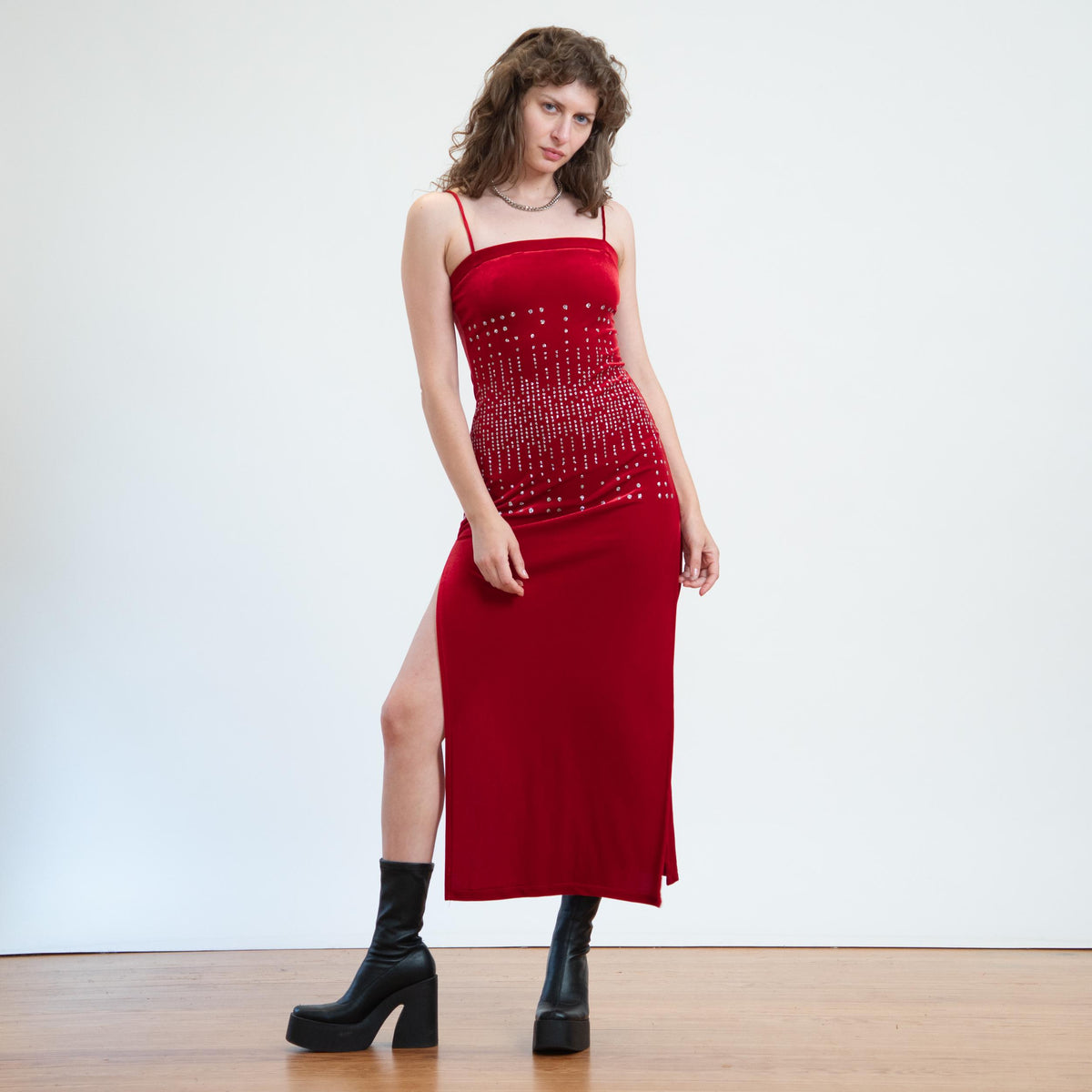 Vintage 90s Red Velvet Sparkle Maxi Dress - Small | Formal Bodycon Party Dress