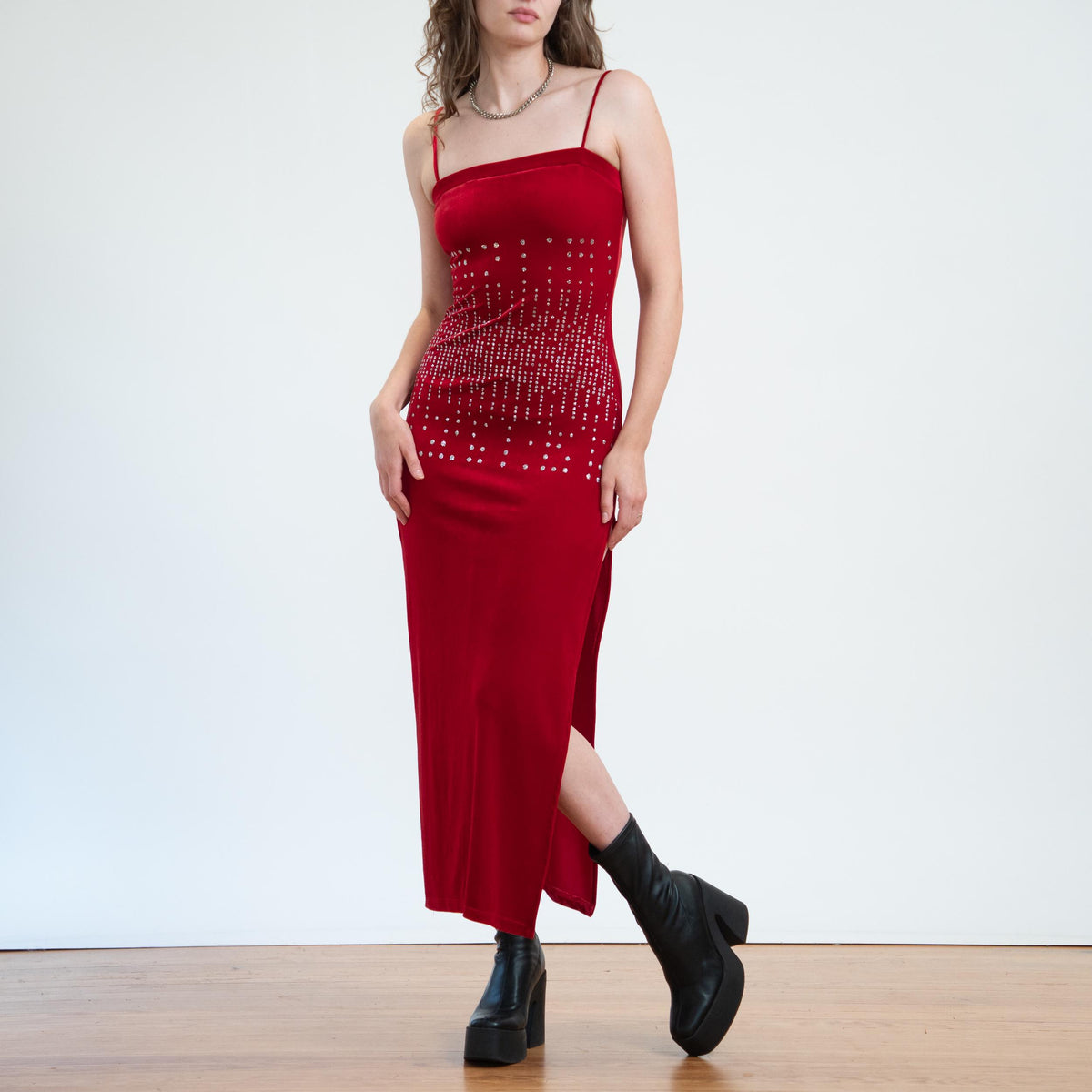 Vintage 90s Red Velvet Sparkle Maxi Dress - Small | Formal Bodycon Party Dress