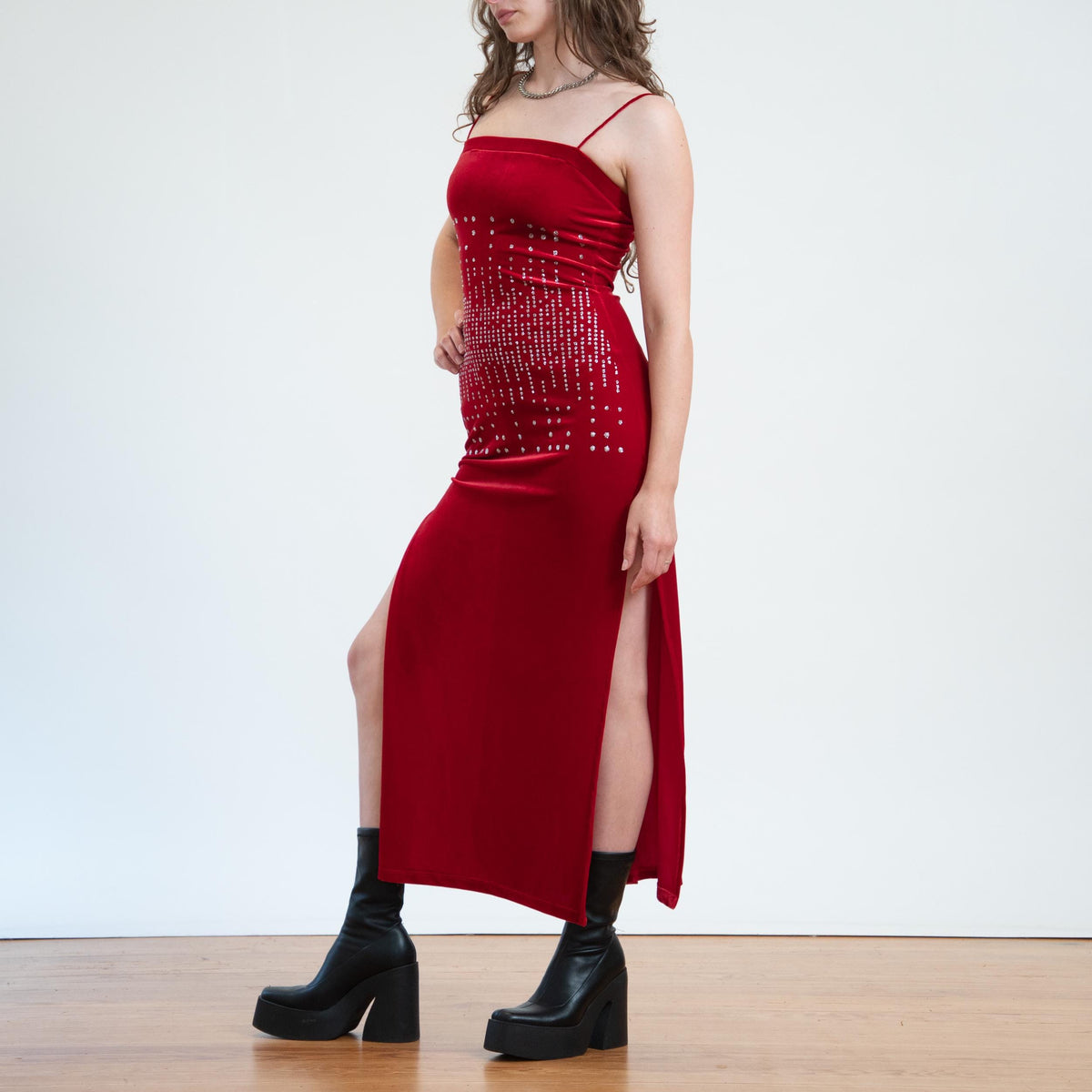 Vintage 90s Red Velvet Sparkle Maxi Dress - Small | Formal Bodycon Party Dress