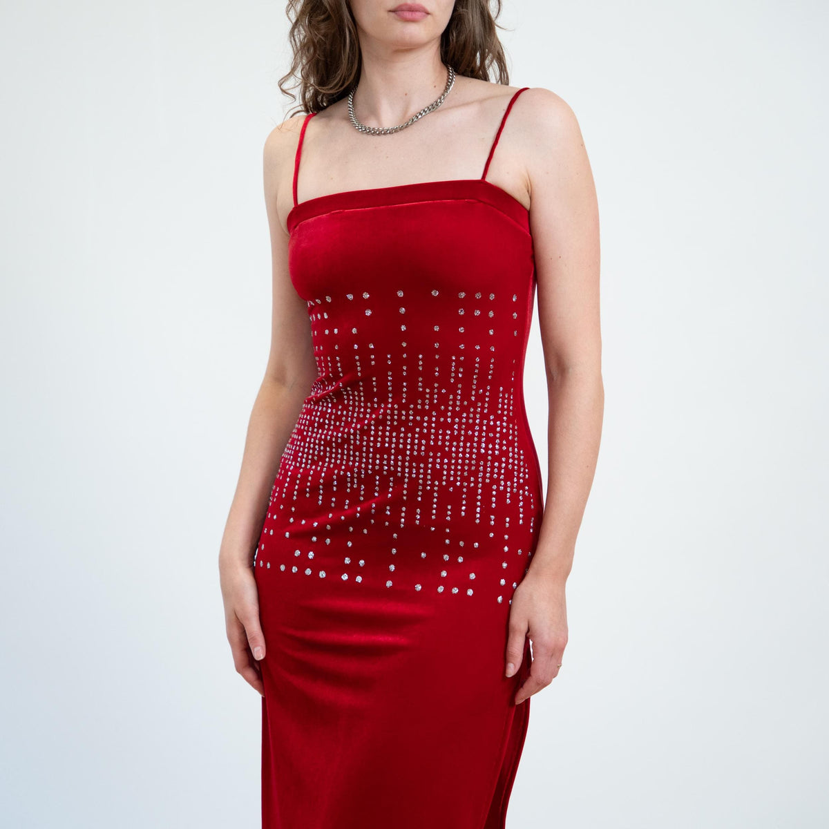 Vintage 90s Red Velvet Sparkle Maxi Dress - Small | Formal Bodycon Party Dress