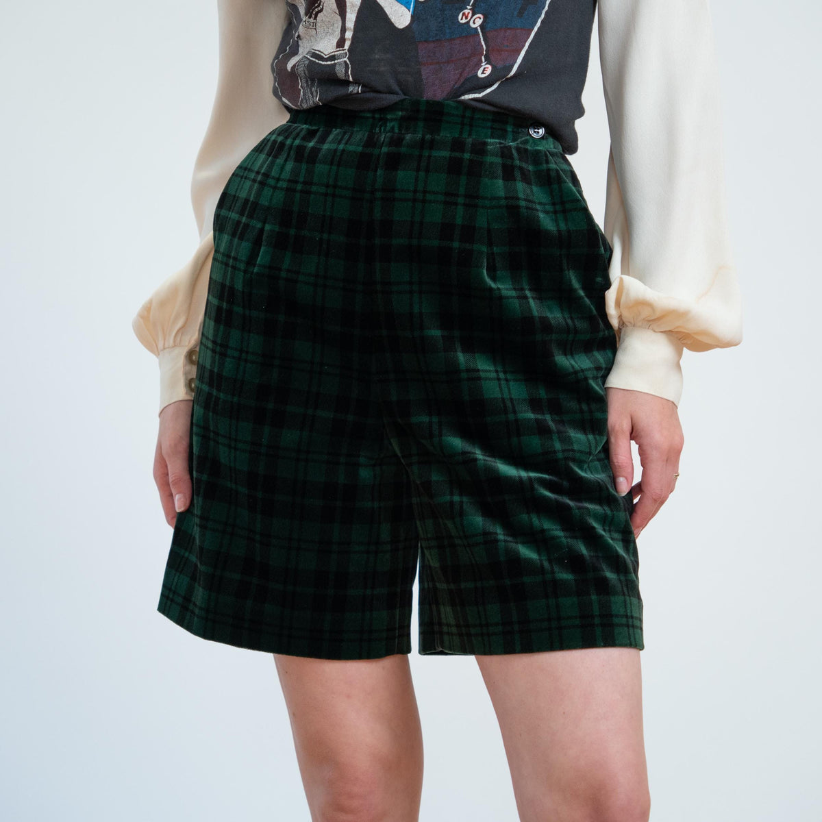 Vintage 90s Green Plaid Velvet Trouser Shorts - Small, 26" Waist | Grunge High Waisted Shorts